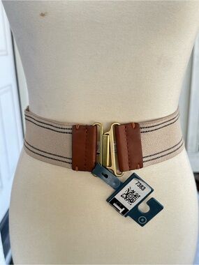 Universal Thread Khaki Canvas Belt with Black Stripe and Brown Leather Accent